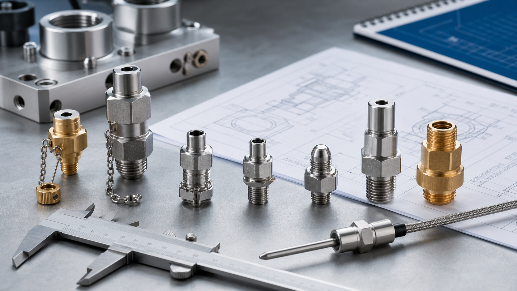 Stainless steel and brass test point components arranged for specification and comparison