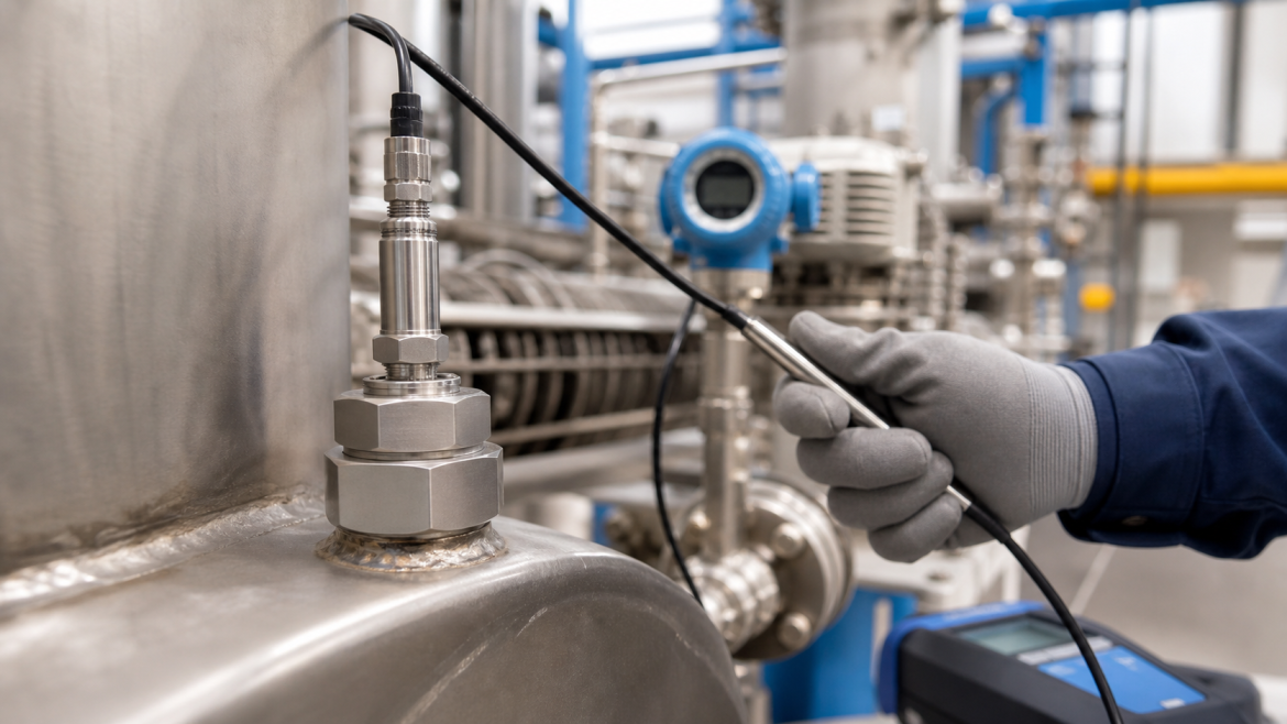 Engineer using a probe near a high temperature stainless steel test point on industrial equipment