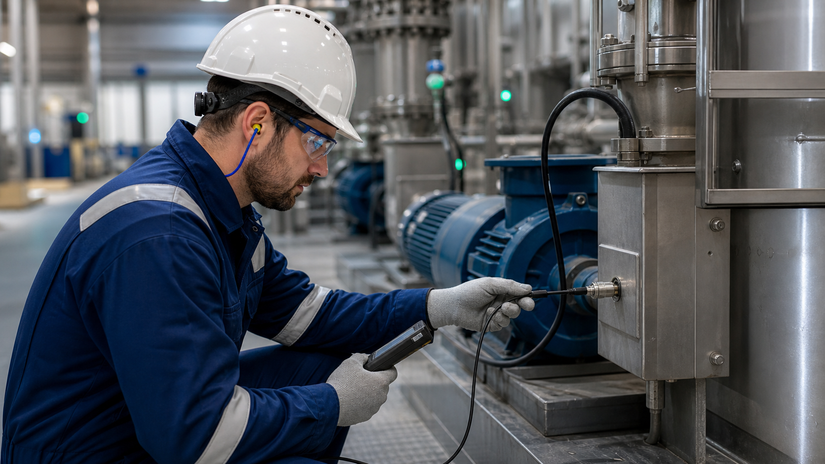 Maintenance engineer using a fixed test point to support planned equipment checks