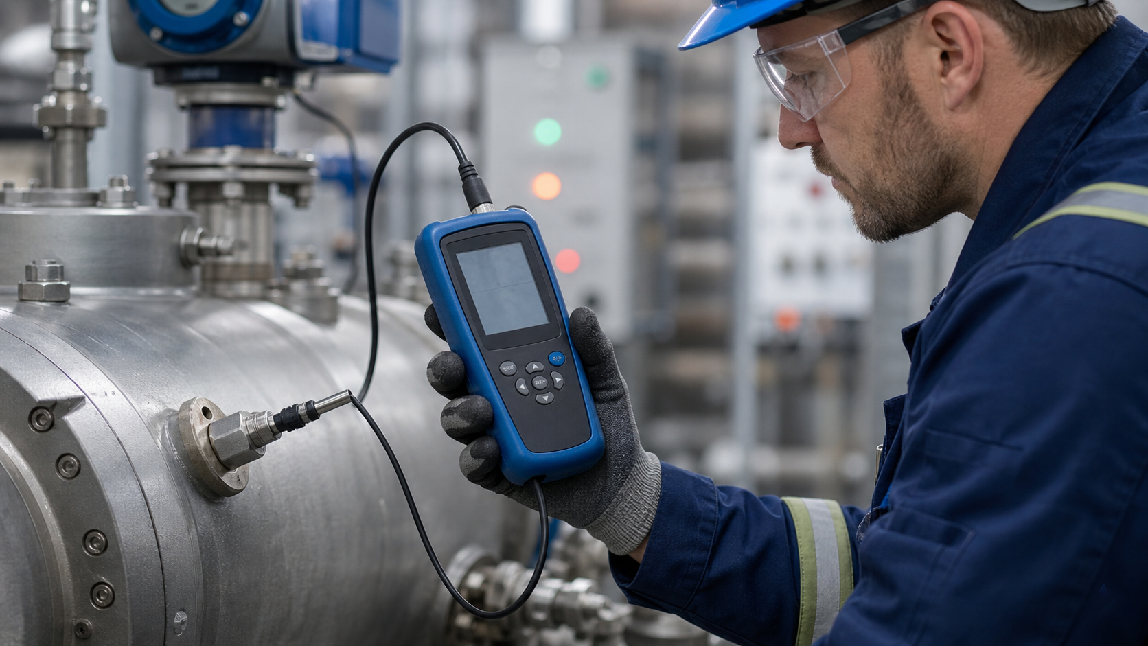 Engineer checking repeatable temperature readings from a fixed industrial test point