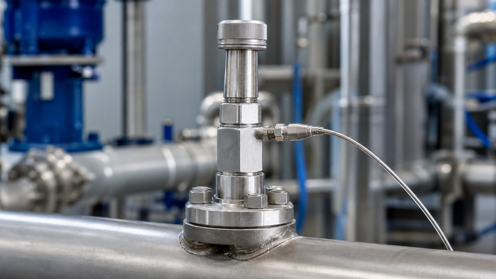 Close-up of a stainless steel high temperature test point fitted to industrial pipework