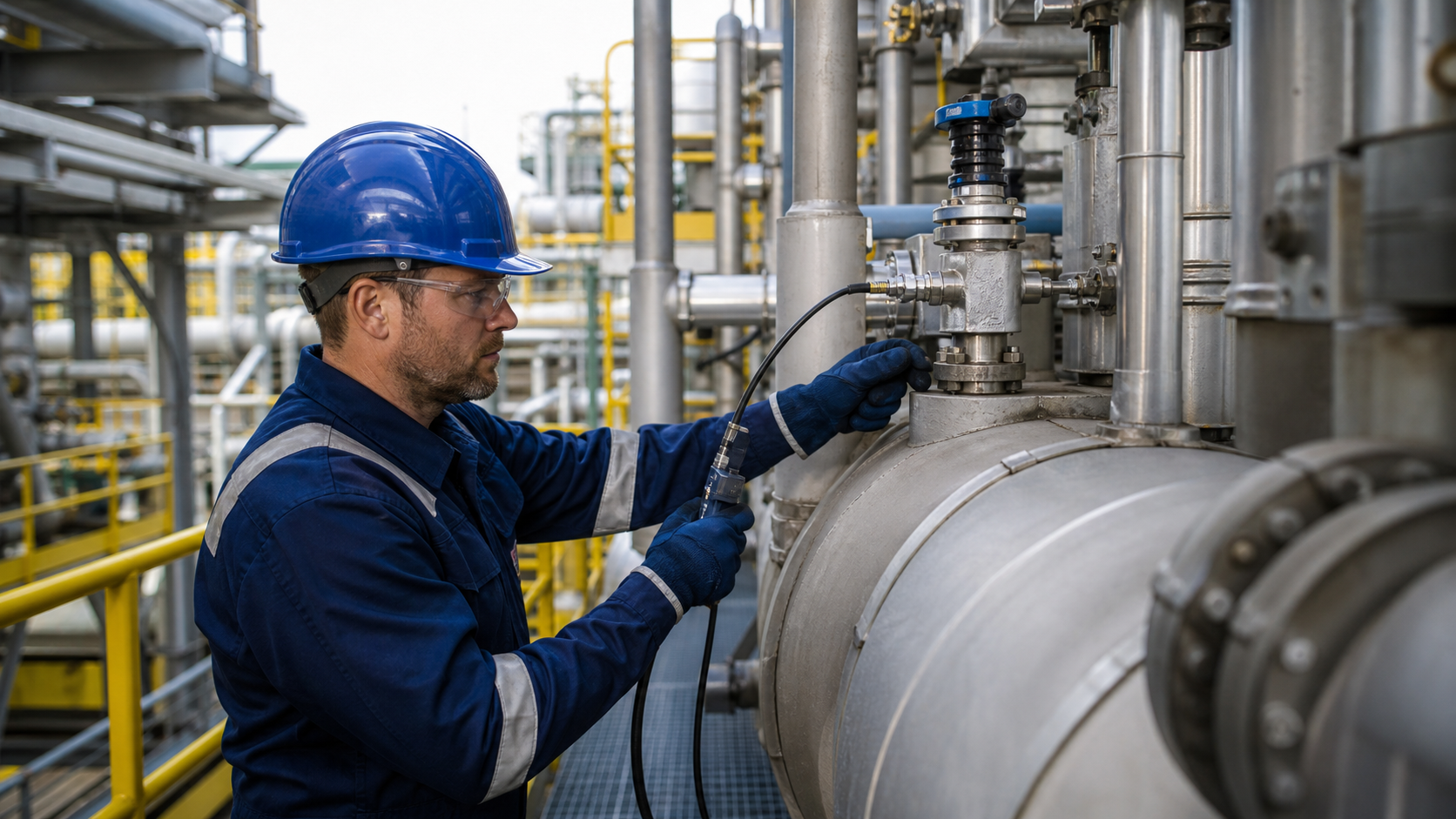 Engineer inspecting a high temperature test point on industrial process pipework